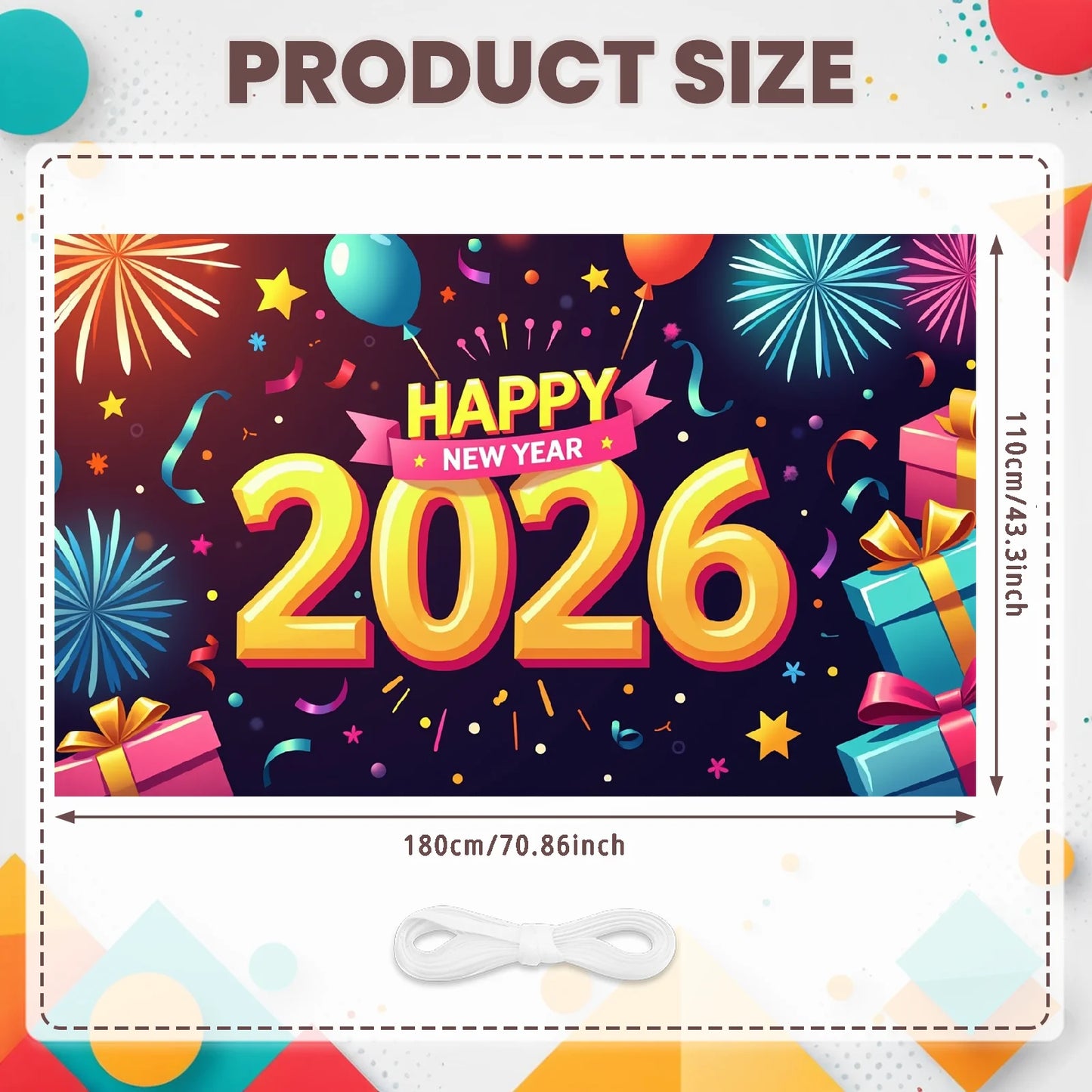 Happy New Year 2026 Photo Backdrop Banner - Party Background Decoration 180x110cm