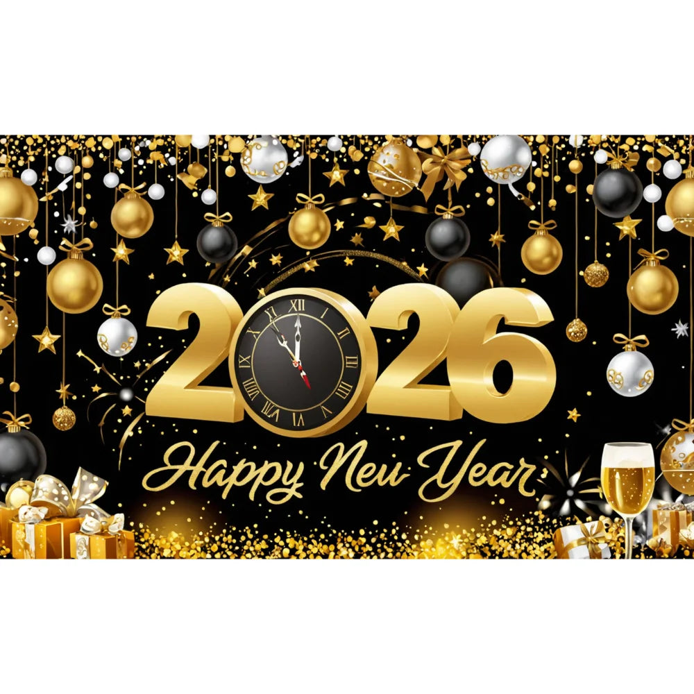 Happy New Year 2026 Photo Backdrop Banner - Party Background Decoration 180x110cm