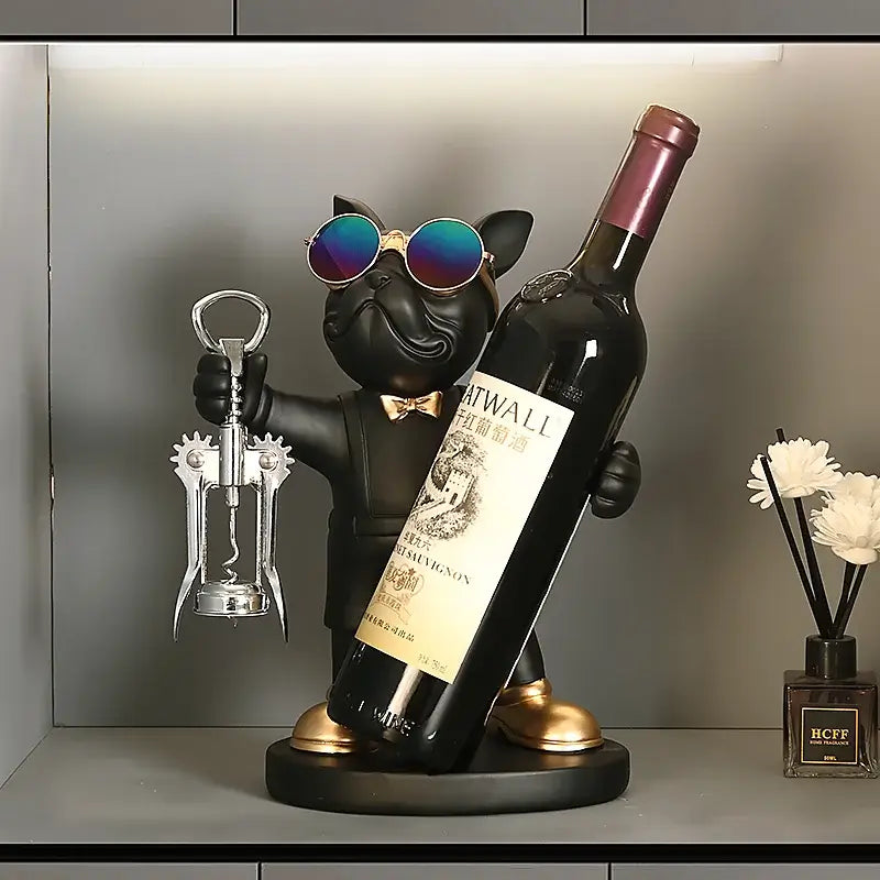 French Bulldog wine bottle holder in a stylish pose with sunglasses, holding a wine bottle and corkscrew.