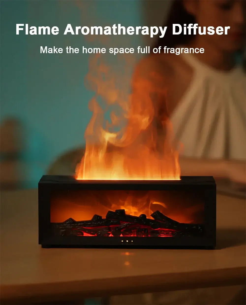 Flame aroma diffuser with LED flame effect, enhancing relaxation and fragrance in any room.