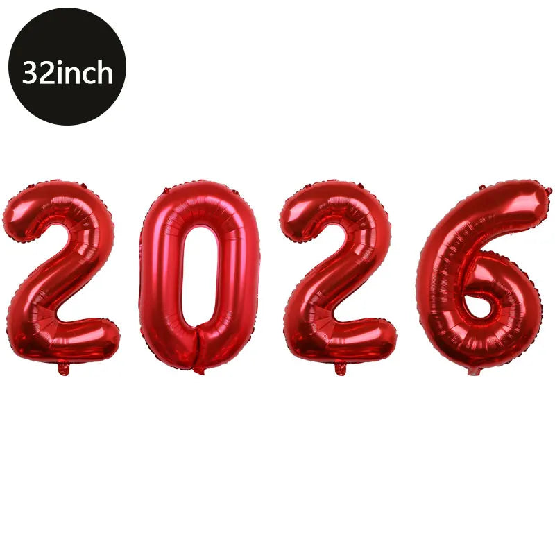 Happy New Year 2026 Number Balloons - Aluminum Foil Balloon Banner Set