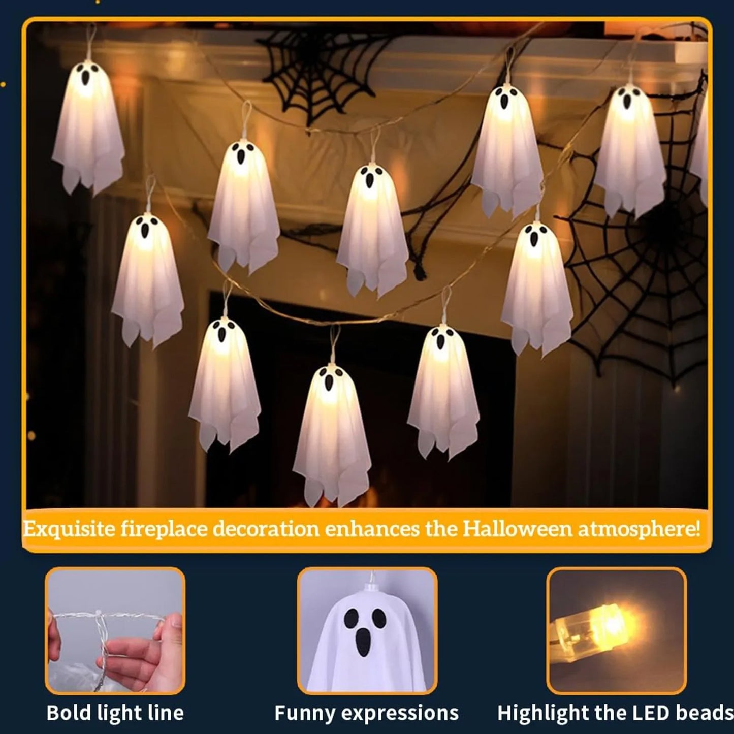 Halloween Decoration Hanging Ghosts Spooky Ghosts String Lights Halloween Decor Accessory For Yard Patio Garden Porch Gift
