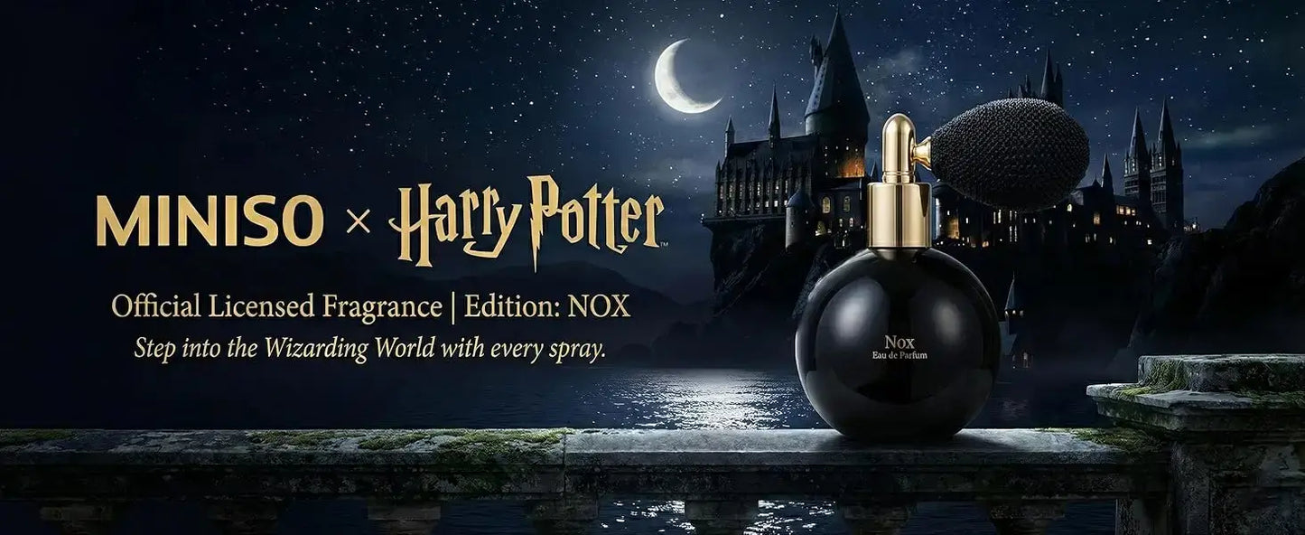 MINISO x Harry Potter Official Licensed Fragrance NOX with a spray bottle against a magical background.