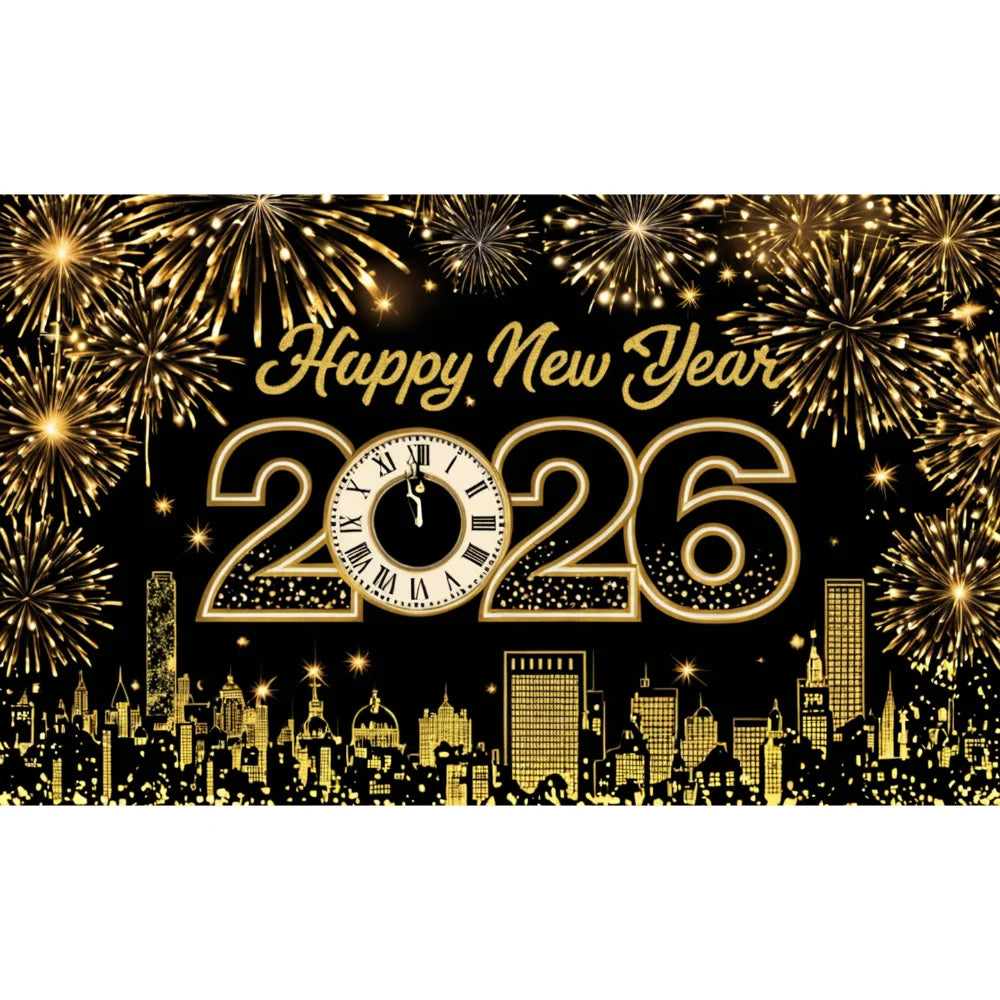 Happy New Year 2026 Photo Backdrop Banner - Party Background Decoration 180x110cm