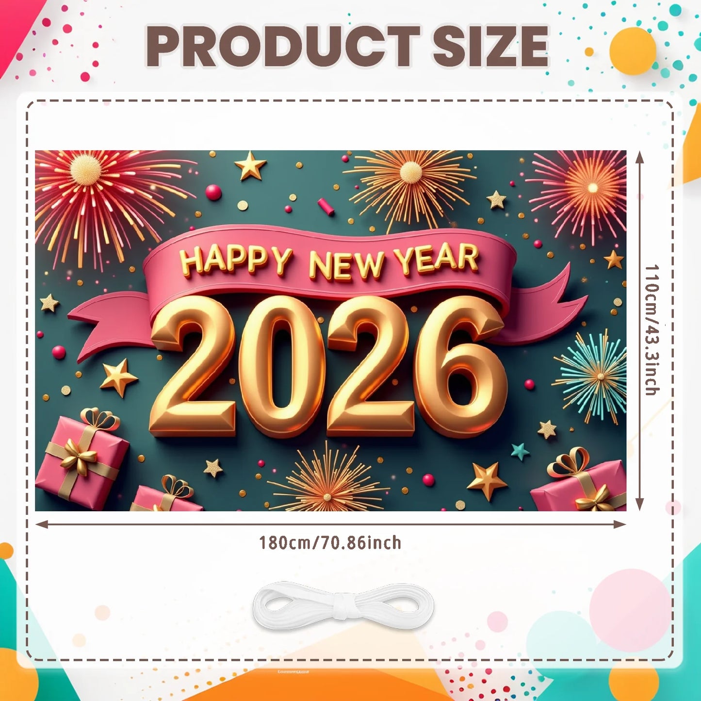 Happy New Year 2026 Photo Backdrop Banner - Party Background Decoration 180x110cm