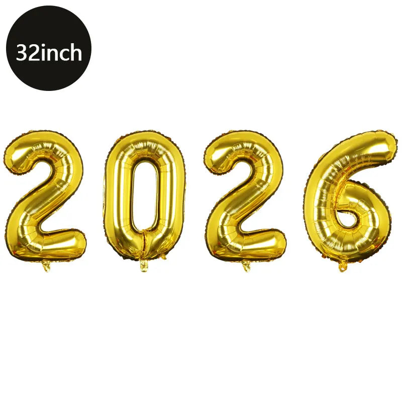 Happy New Year 2026 Number Balloons - Aluminum Foil Balloon Banner Set