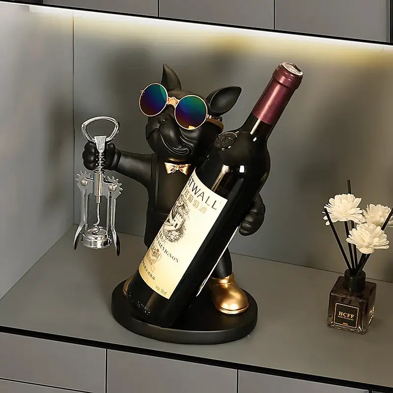 French Bulldog wine bottle holder with sunglasses and corkscrew, showcasing Nordic elegance in home decor.