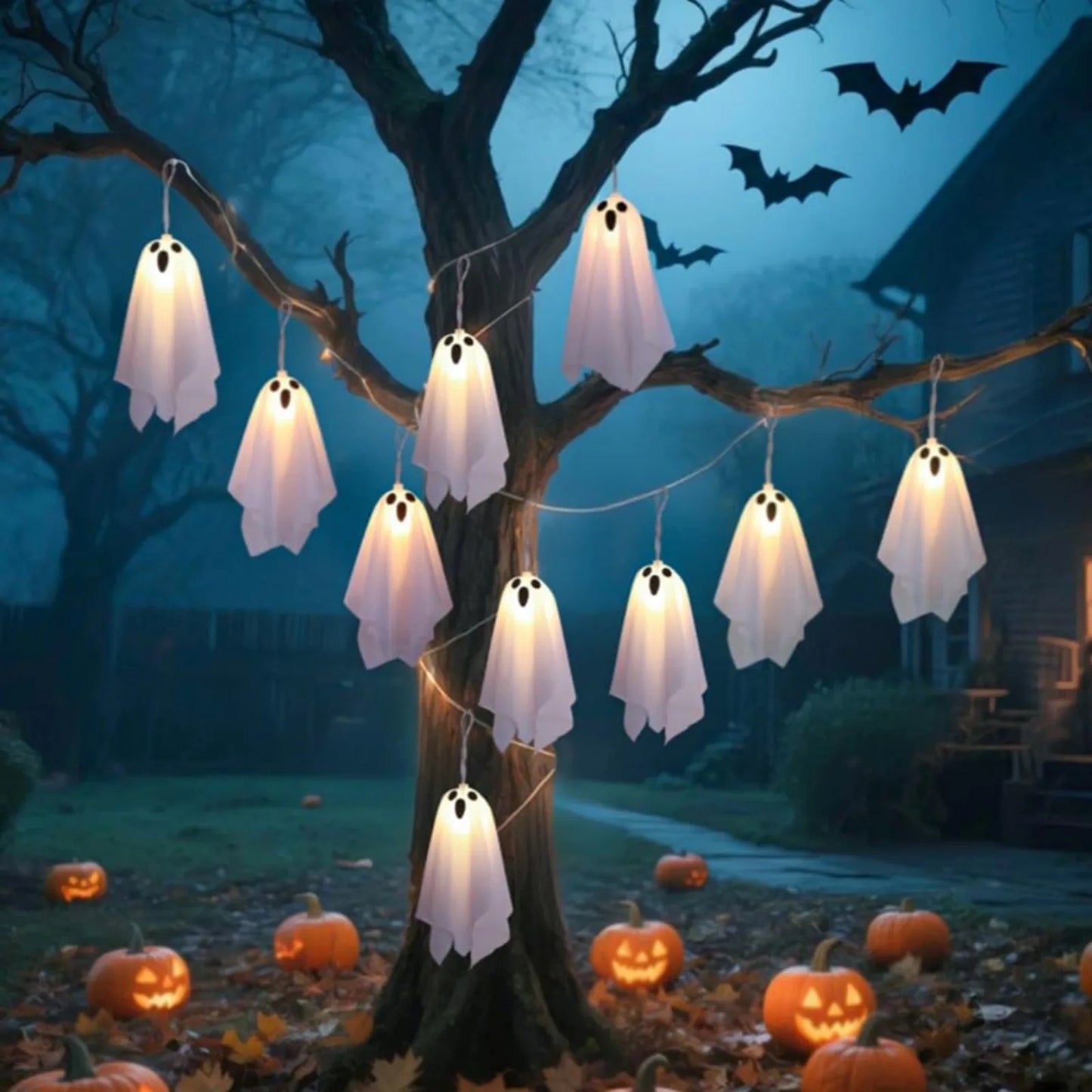 Halloween Decoration Hanging Ghosts Spooky Ghosts String Lights Halloween Decor Accessory For Yard Patio Garden Porch Gift
