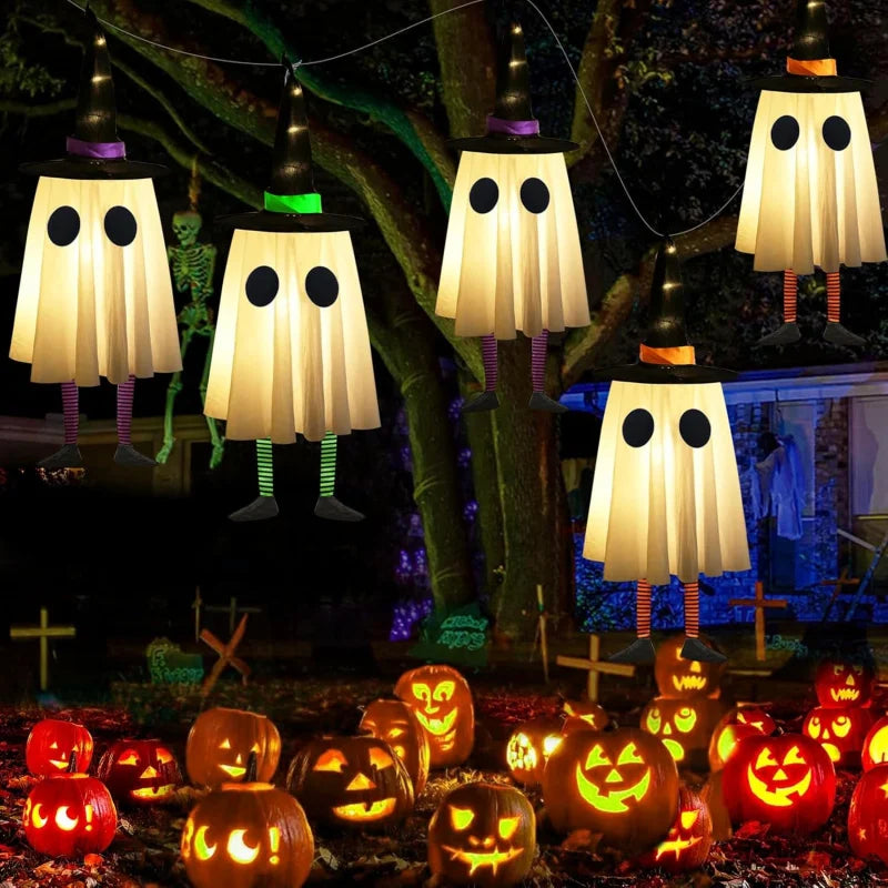 Halloween Hanging Ghost Decorations, Outdoor Halloween Witches Hat Lights, Glowing Ghosts for Garden Trees, Yard Halloween Decor