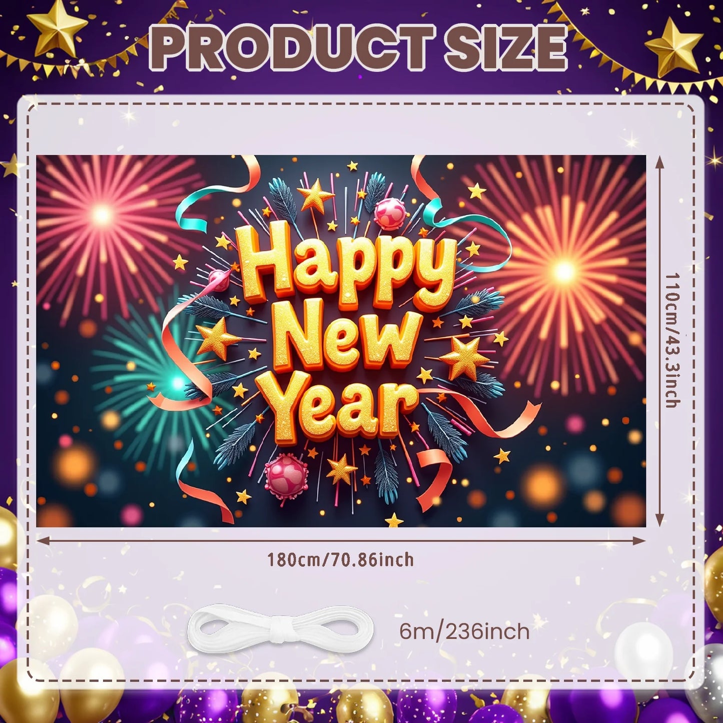 Happy New Year 2026 Photo Backdrop Banner - Party Background Decoration 180x110cm