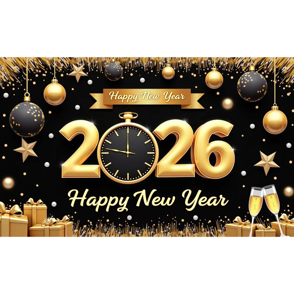 Happy New Year 2026 Photo Backdrop Banner - Party Background Decoration 180x110cm