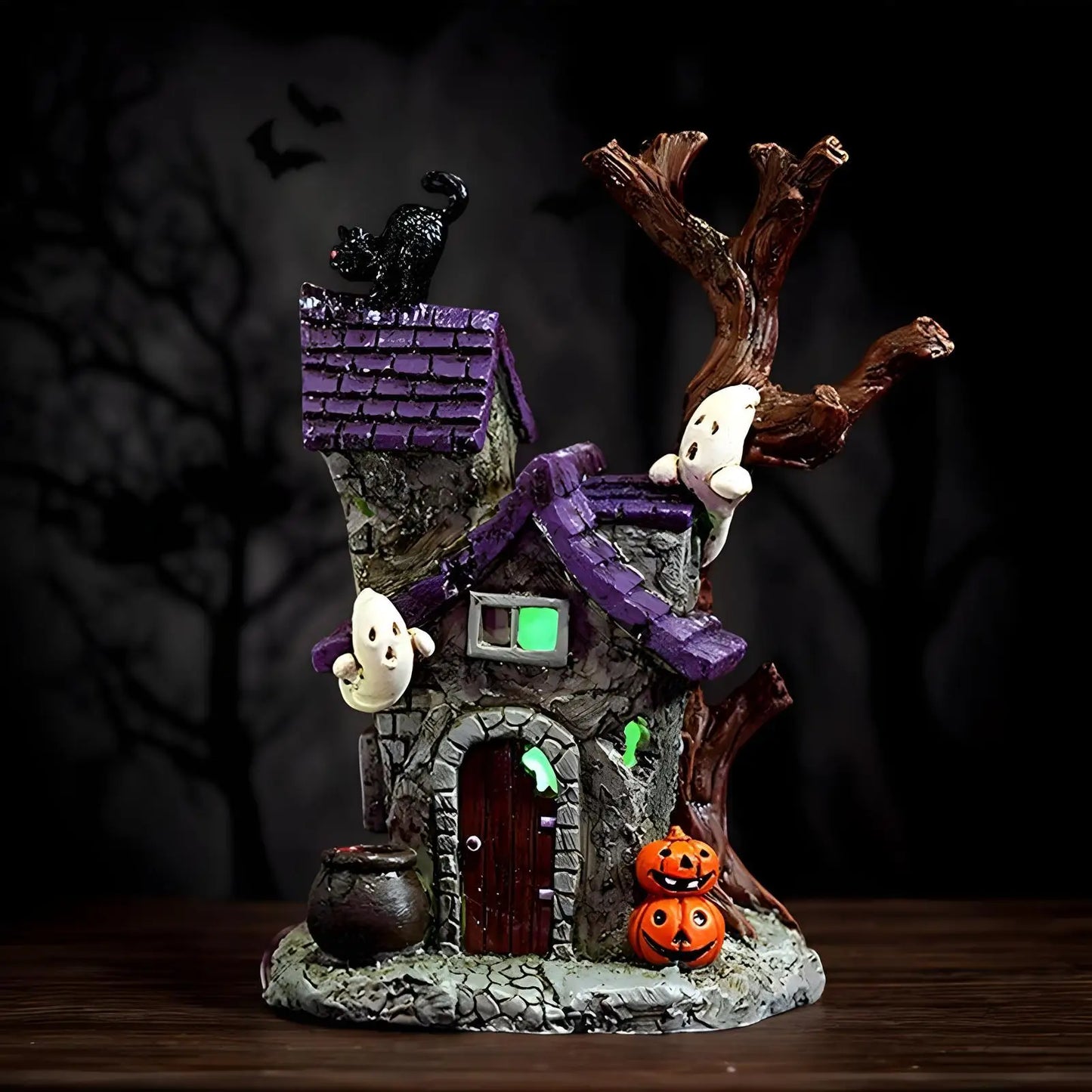 Haunted House Table Decor Glowing Halloween Decorations Resin with Ghost Table Ornament Figurines for Garage Fireplace Bathroom