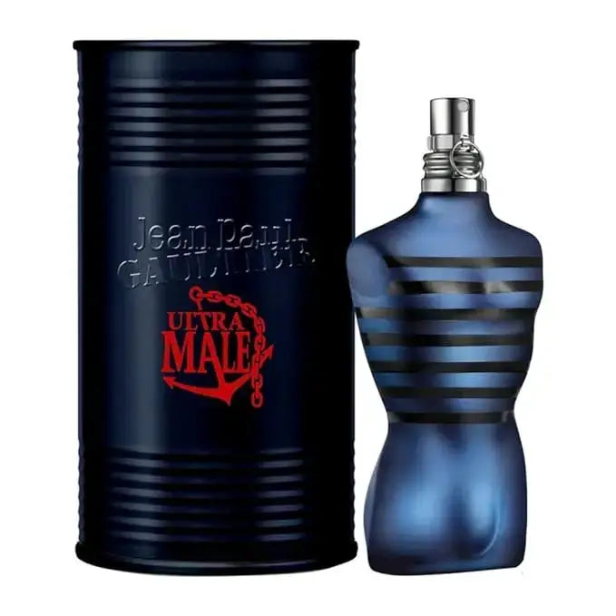 Jean Paul Gaultier Men's Perfume Collection featuring Ultra Male fragrance in iconic bottle.