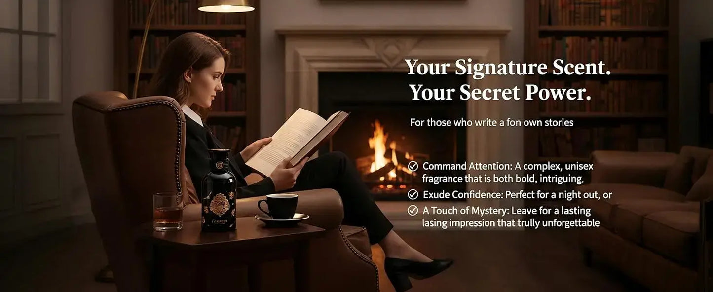 Unisex Woody Floral Perfume 50ml/100ml displayed with a person reading by a fireplace, evoking mystery and elegance.