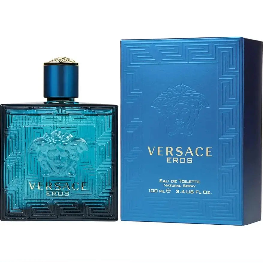 Versace Eros Eau de Toilette 100ml200ml men's woody fragrance in a stylish blue bottle with packaging.