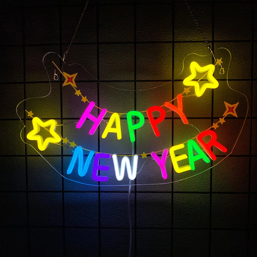 Happy New Year Neon Sign - USB Powered Snowman LED Light for Party Decor