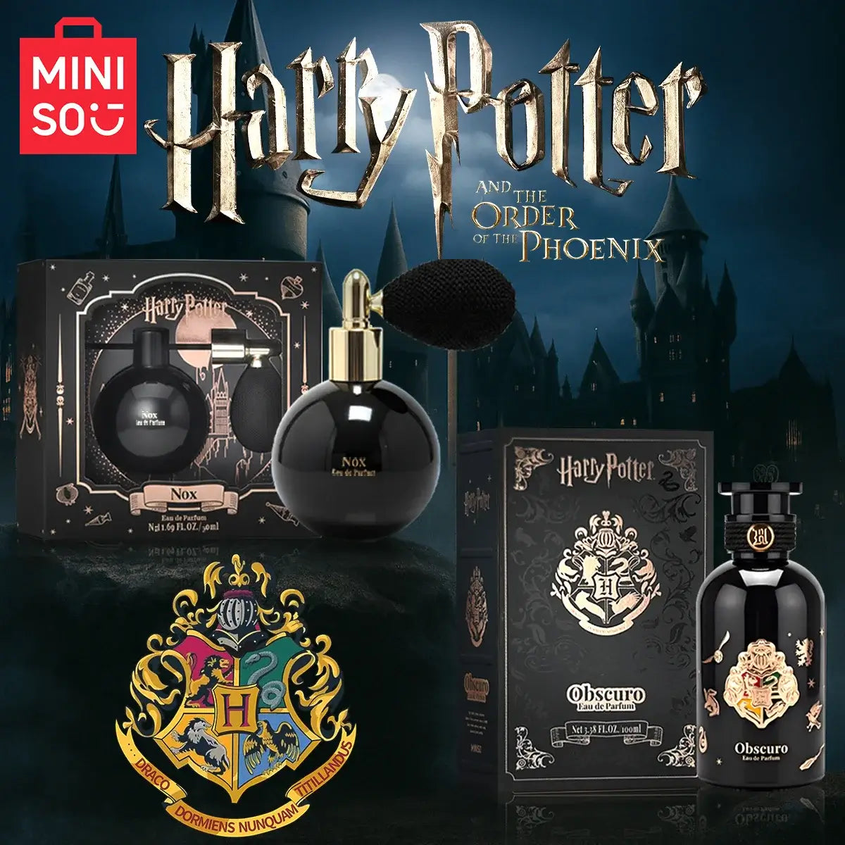 Harry Potter products including Nox and Obscuro perfumes, themed packaging and Hogwarts crest displayed.
