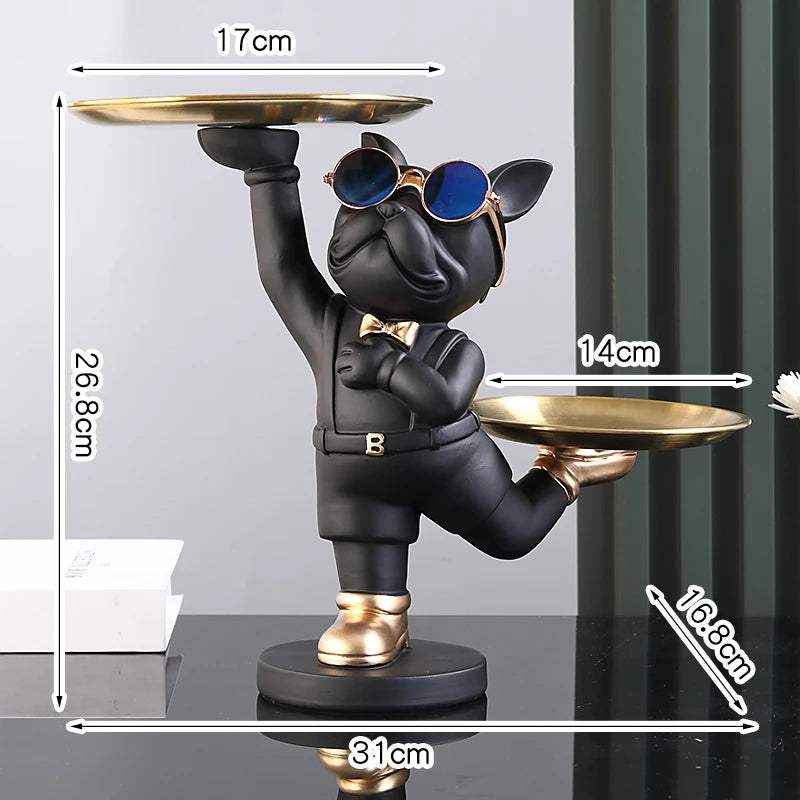 Resin Dog Statue French Bulldog Figurine Sculptures Modern Desk Decor Storage with 2 Trays Office Home Living Room Decoration
