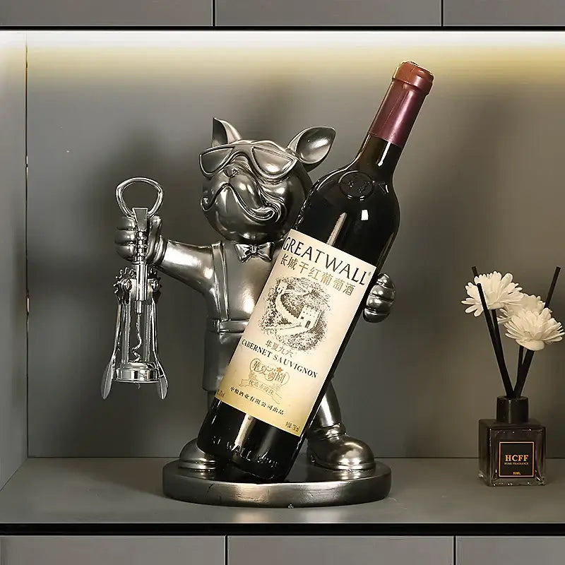 French Bulldog wine bottle holder showcasing a wine bottle on a sleek display shelf.