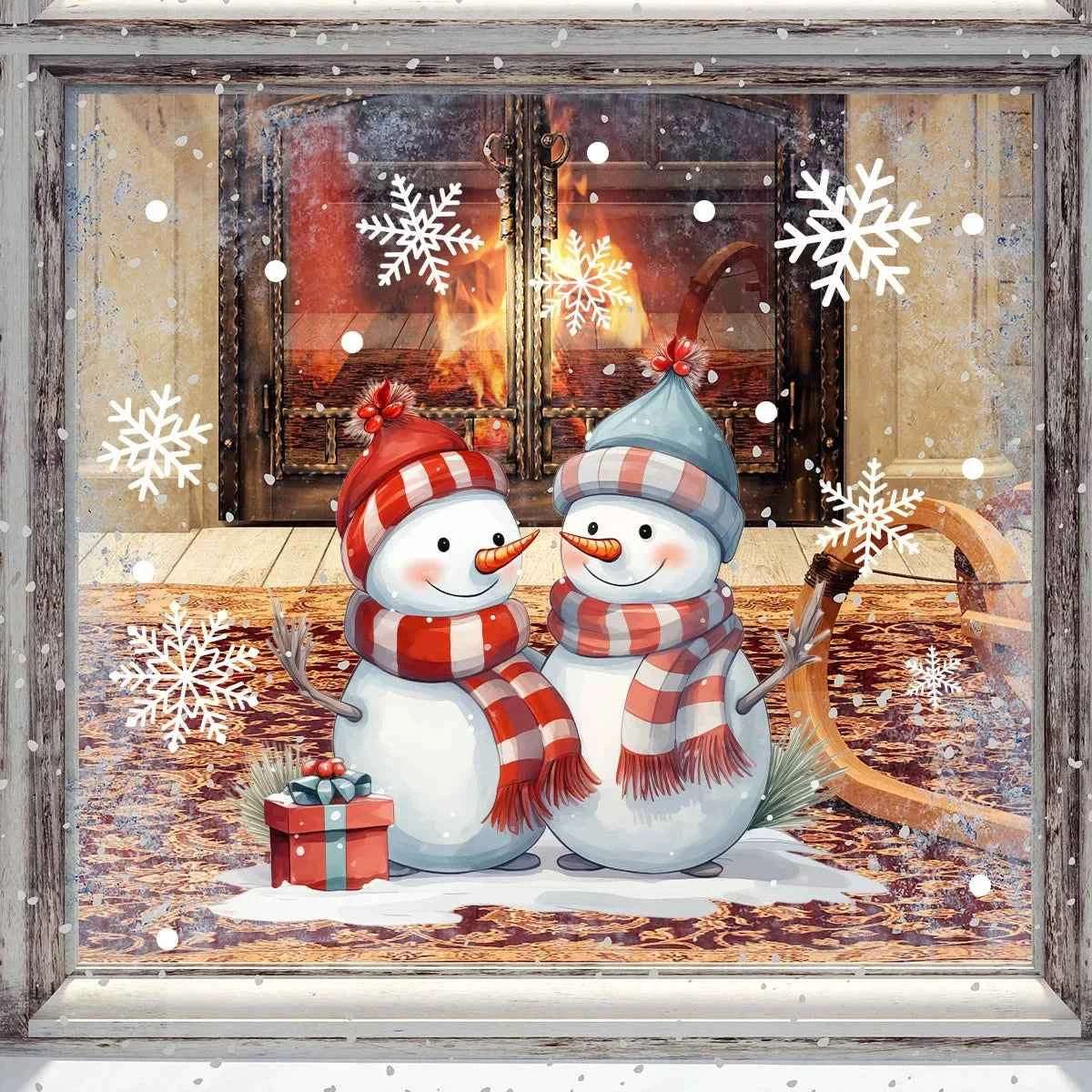 Two snowmen with scarves in front of a fireplace with snowflakes around.