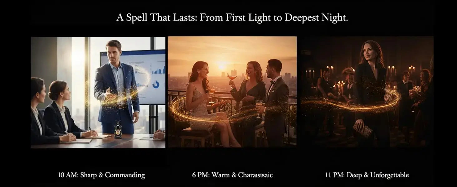 A Spell That Lasts: From First Light to Deepest Night, showcasing moments at 10 AM, 6 PM, and 11 PM.