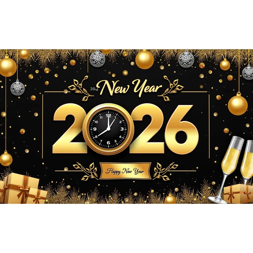 Happy New Year 2026 Photo Backdrop Banner - Party Background Decoration 180x110cm