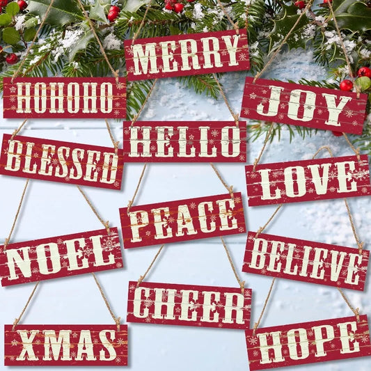 12-Piece Rustic Christmas Wall Decor Set - Vintage Wooden Plaques Joy, Peace & HoHoHo for Holiday Home