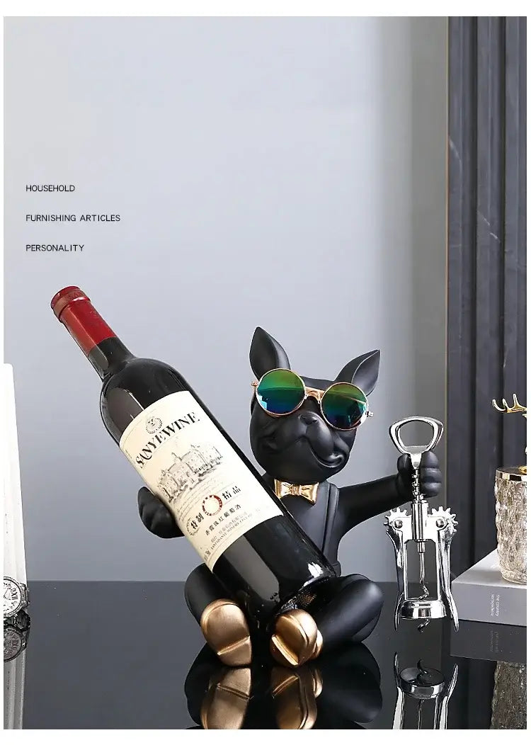 Bulldog wine rack holding a wine bottle, featuring stylish sunglasses and a bow tie, perfect for wine lovers.