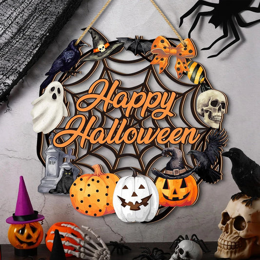 Spooky Halloween Wooden Wall Decor with "Happy Halloween" and Classic Symbols - Perfect for Seasonal Home Decoration