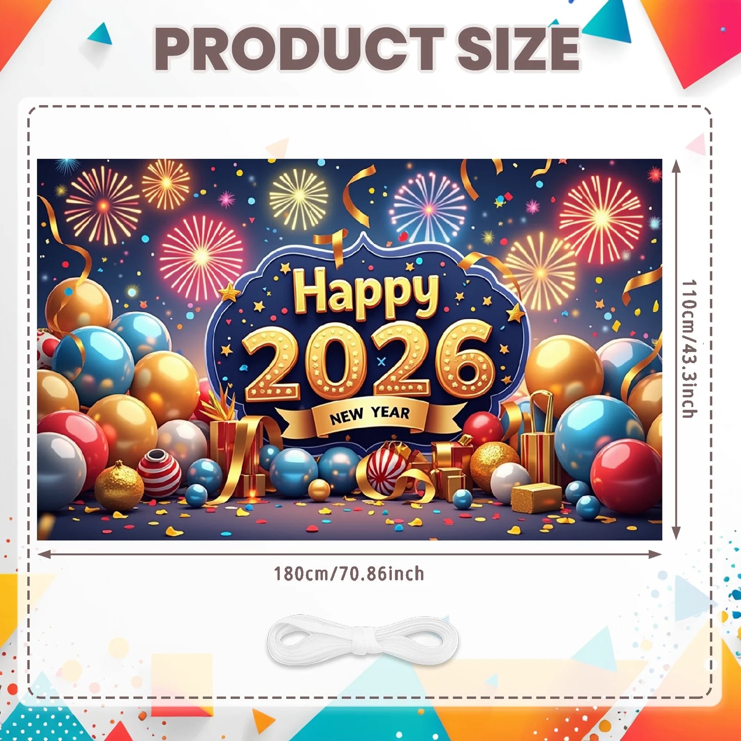 Happy New Year 2026 Photo Backdrop Banner - Party Background Decoration 180x110cm