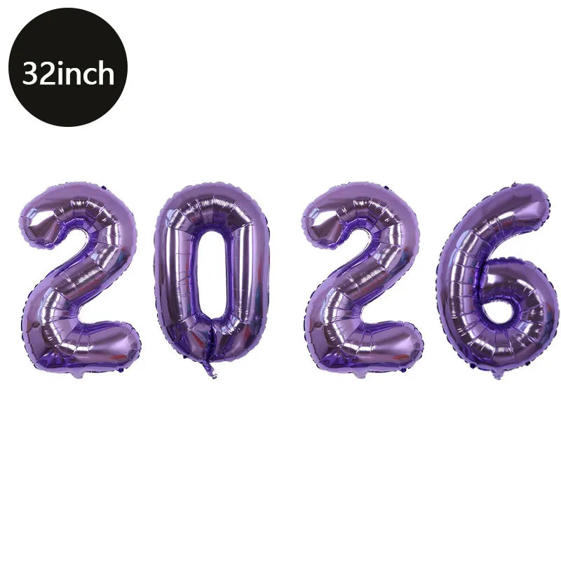 Happy New Year 2026 Number Balloons - Aluminum Foil Balloon Banner Set