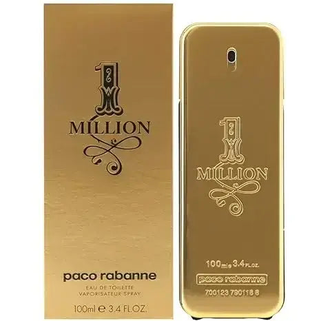 luxury men's eau de parfum - Paco Rabanne 1 Million Eau de Toilette in a gold bottle and box.
