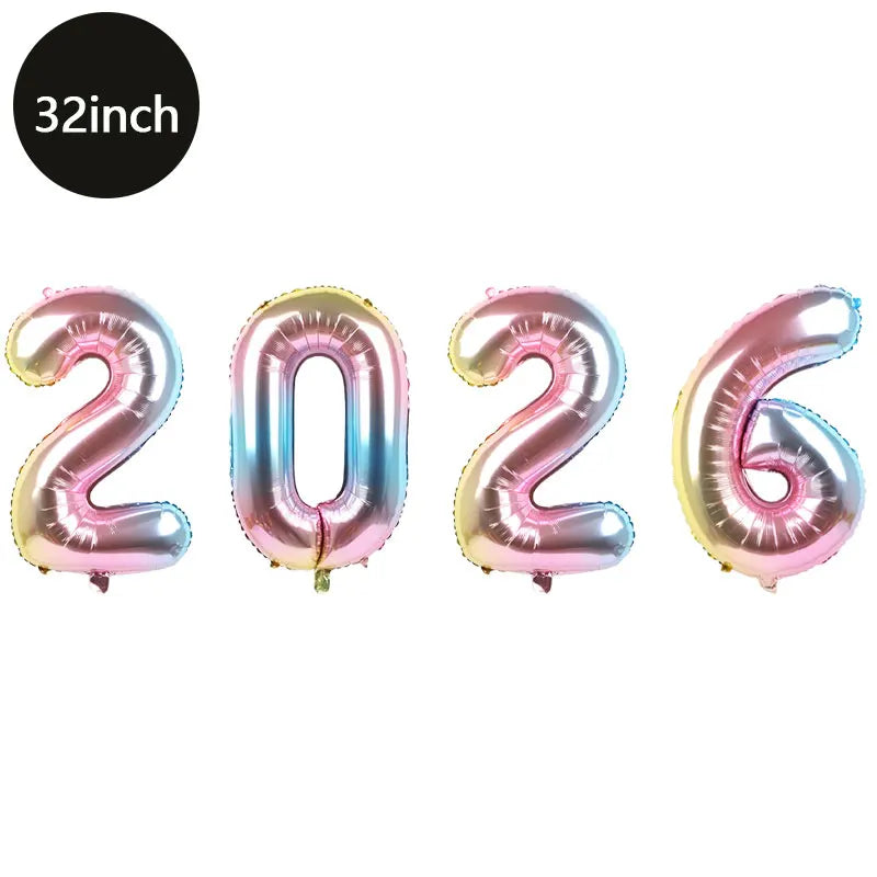 Happy New Year 2026 Number Balloons - Aluminum Foil Balloon Banner Set