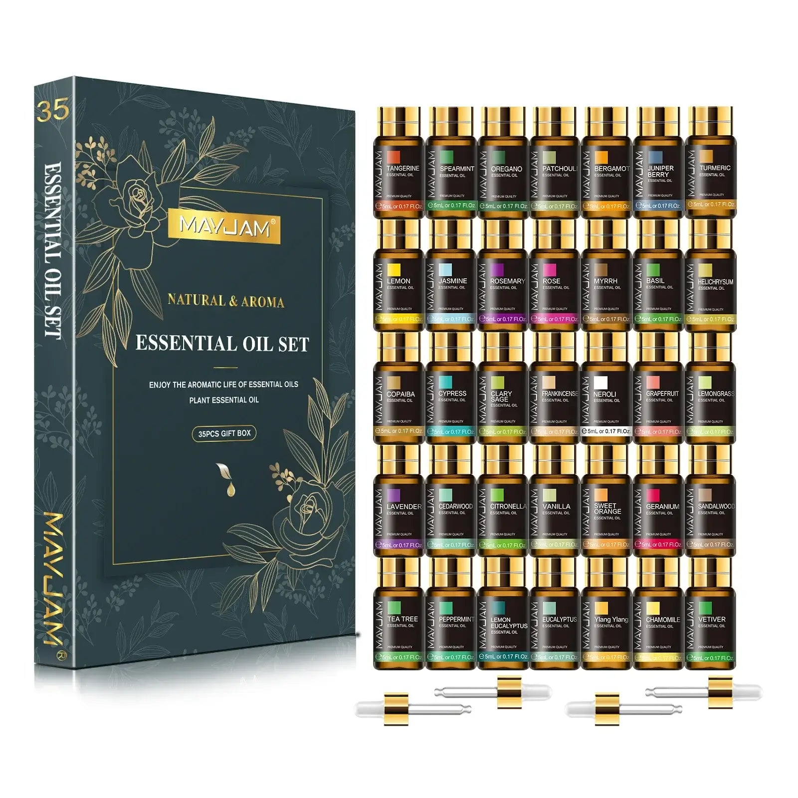 Aromatherapy essential oils gift set featuring 35 natural essential oil bottles for wellness and relaxation.
