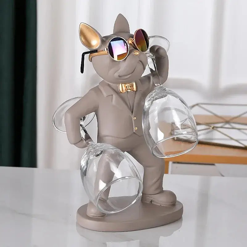 French Bulldog wine glass holder displaying a charming design, securely holding wine glasses with sunglasses.