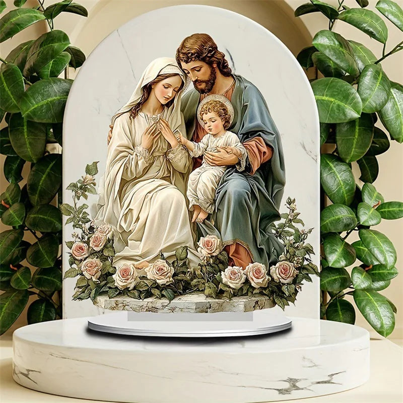 Christmas Holy Family Centerpiece - Nativity Table Sign with Base for Home & Party Decor
