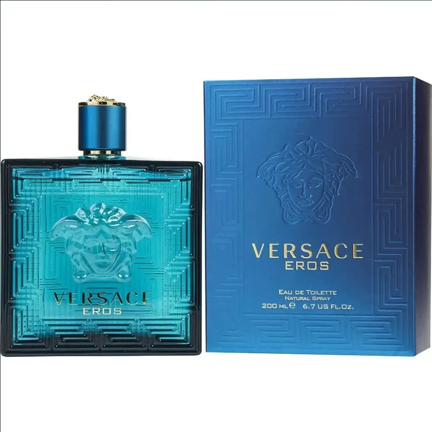 Versace Eros Eau de Toilette 100ml200ml, blue bottle and packaging of men's fresh woody fragrance.