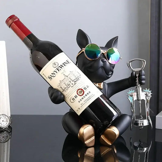 Bulldog wine rack showcasing a realistic resin dog statue holding a bottle of red wine, perfect for home decor.
