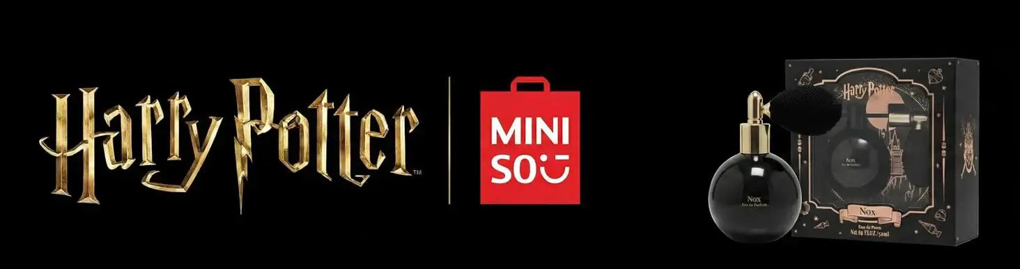 Harry Potter themed fragrance by MINISO, showcasing the perfume packaging and logo.