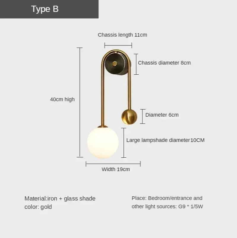 Modern Gold LED Wall Light - Glass Ball Bedside Sconce Lamp