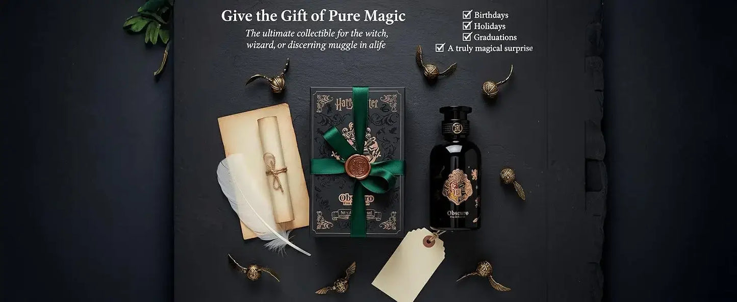 Gift of Pure Magic collection featuring a black bottle, feather, and elegant packaging for special occasions.