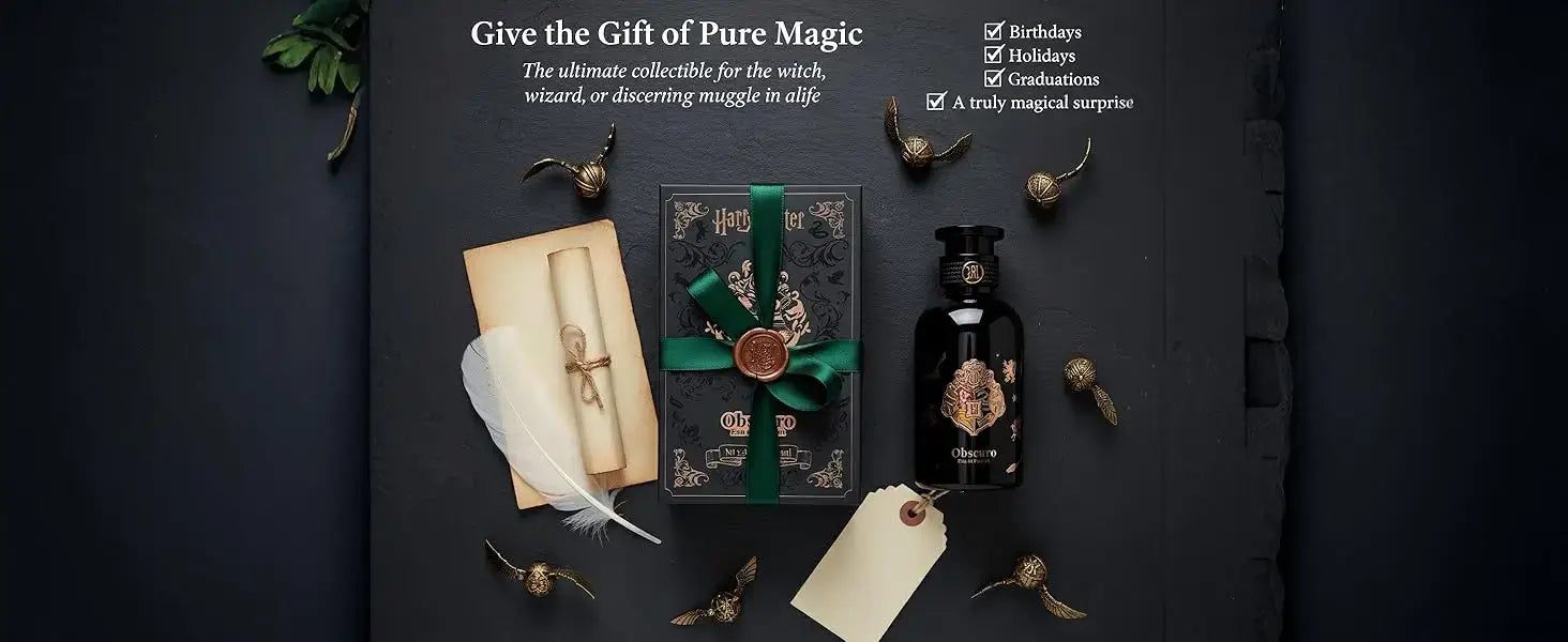 Gift of Pure Magic collection featuring a black bottle, feather, and elegant packaging for special occasions.