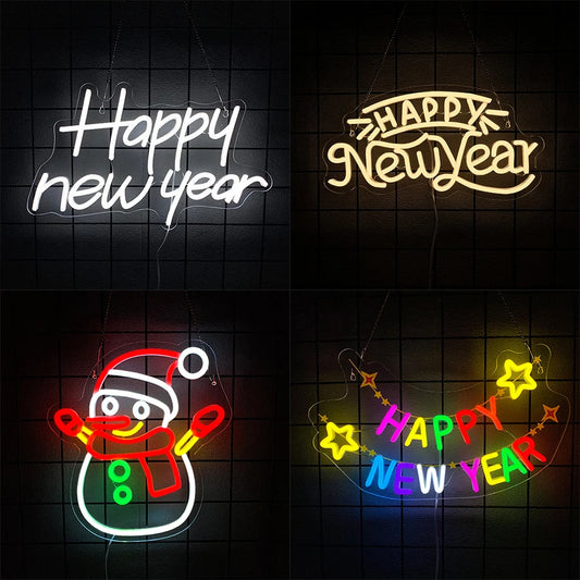 Happy New Year Neon Sign - USB Powered Snowman LED Light for Party Decor