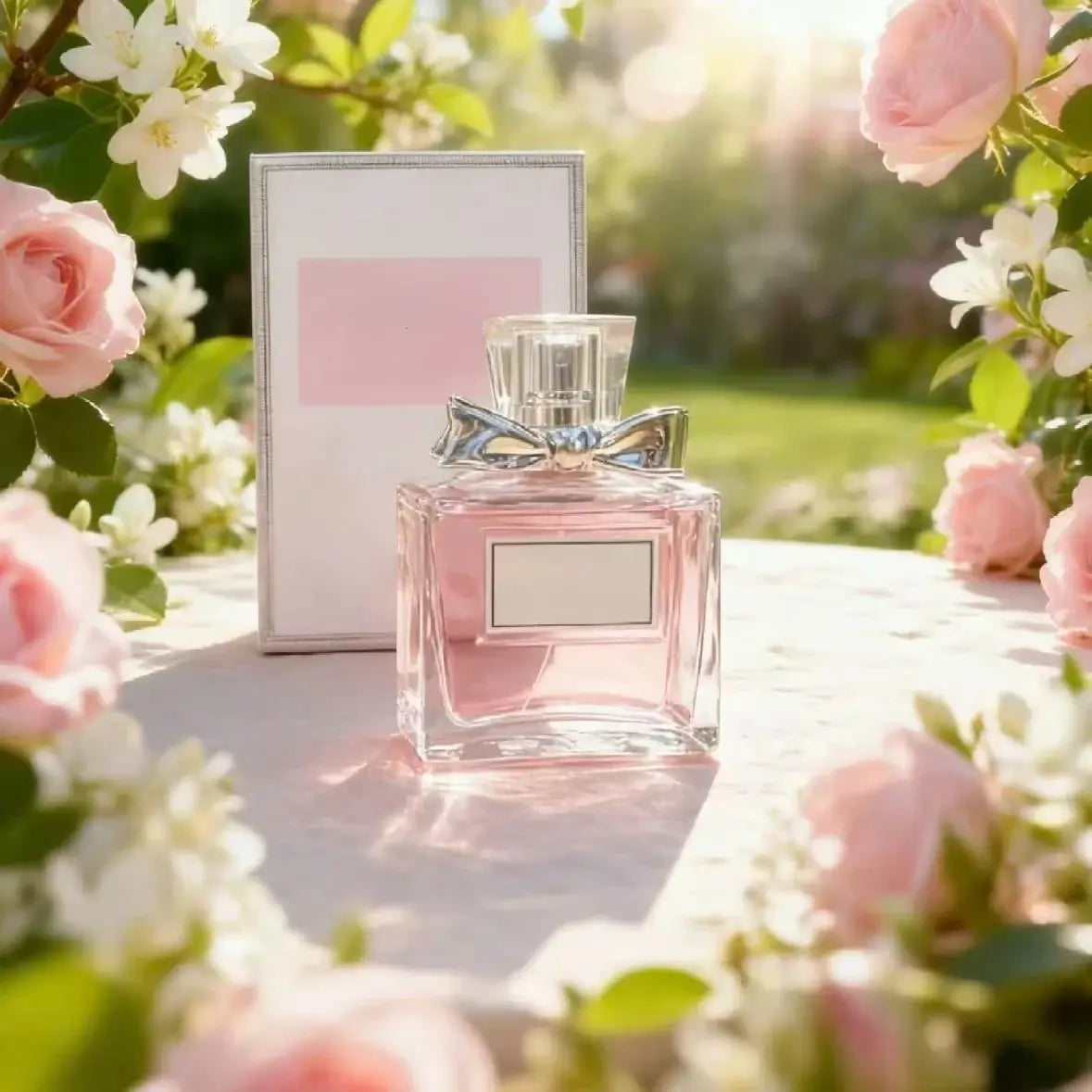 Women's Floral Body Spray 100ml - Long-Lasting Romantic Perfume surrounded by pink roses in a garden setting.