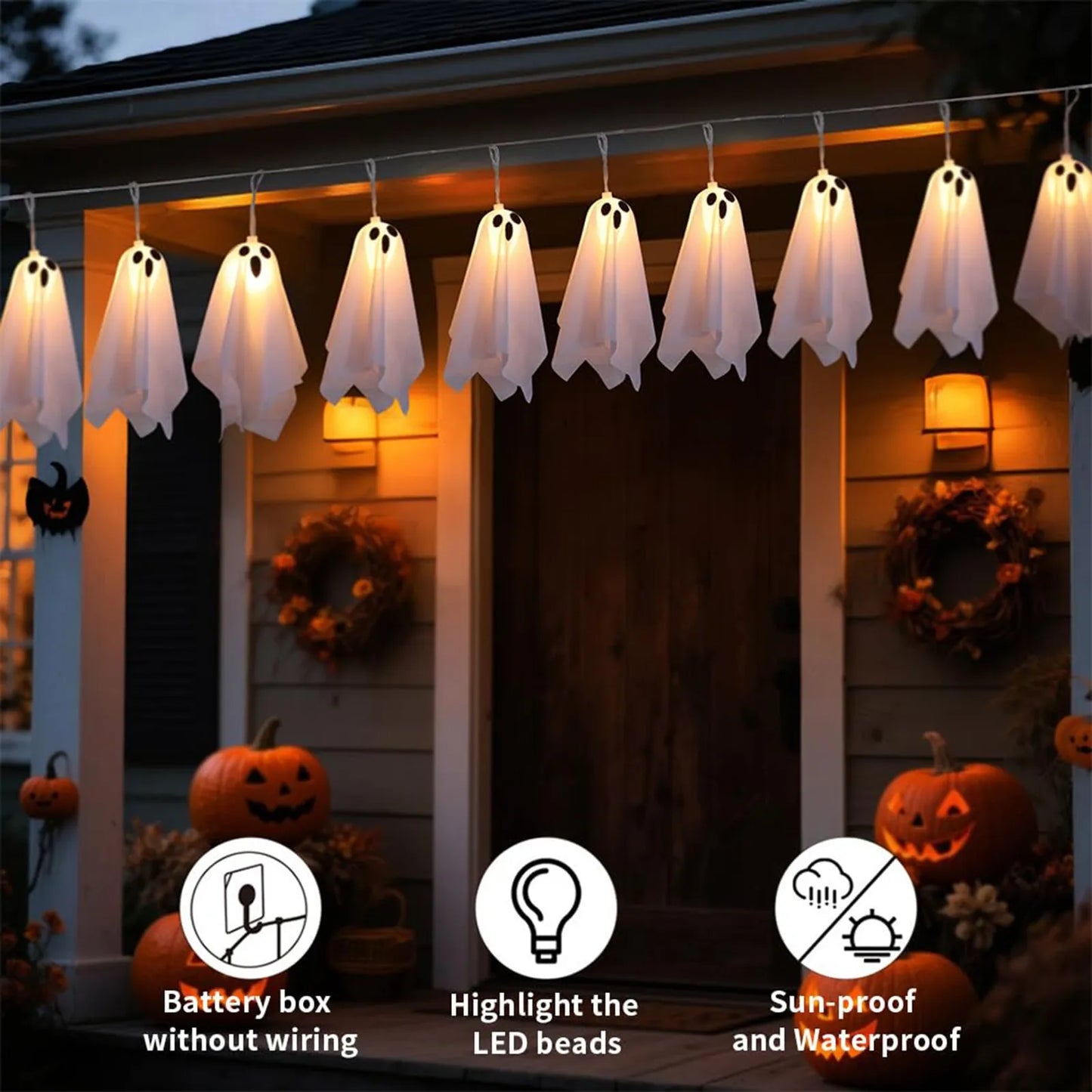 Halloween Decoration Hanging Ghosts Spooky Ghosts String Lights Halloween Decor Accessory For Yard Patio Garden Porch Gift