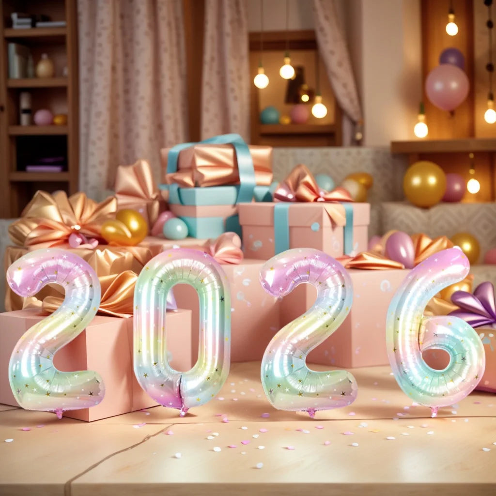 Happy New Year 2026 Number Balloons - Aluminum Foil Balloon Banner Set