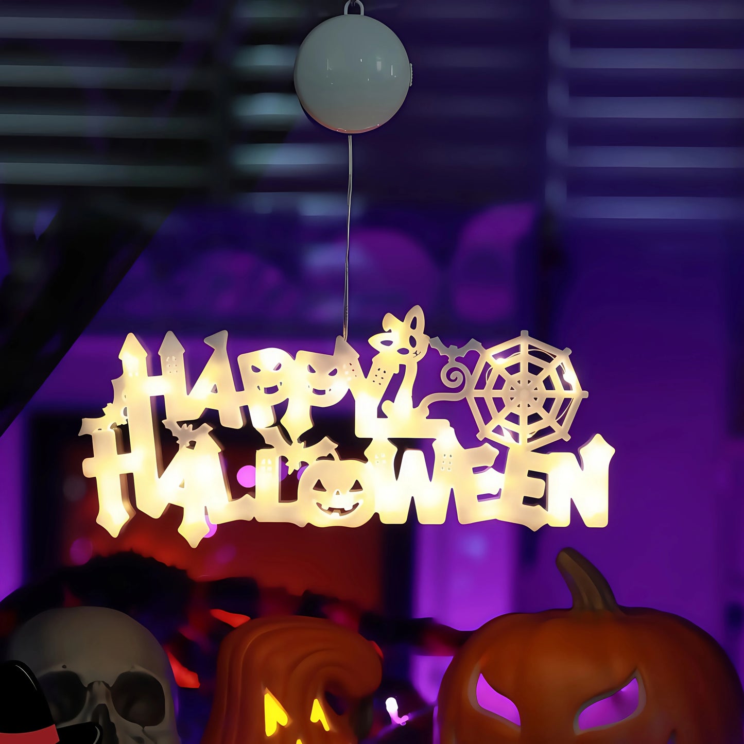New Halloween "Happy Halloween" LED Light String - Light-Up Letter Sign | Suction Cup Decor for Doors & Windows|Battery-Operated