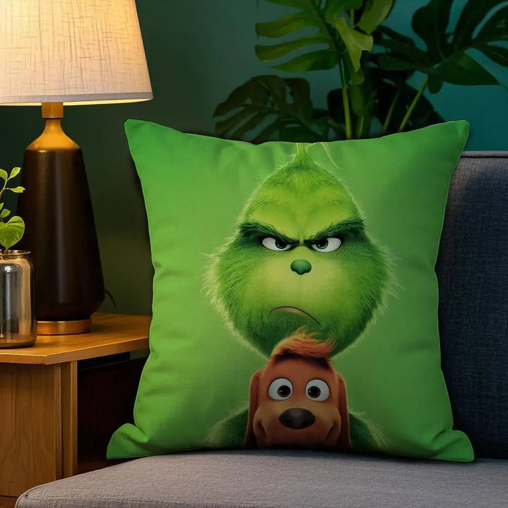 Christmas Grinch Pillow Case - Plush Soft Double-Sided Print Sofa Cushion Cover for Holiday Decor