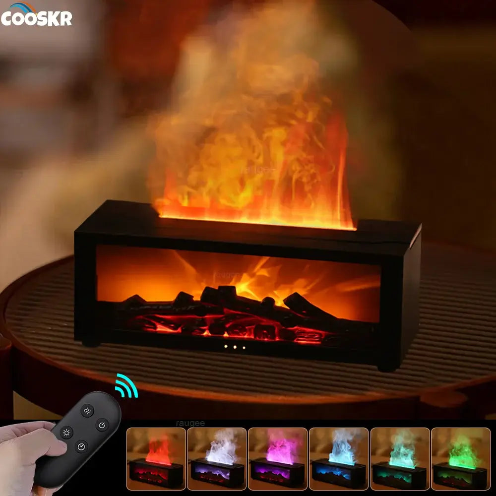 Flame aroma diffuser with realistic flickering flame effect and LED light for aromatherapy and humidification.