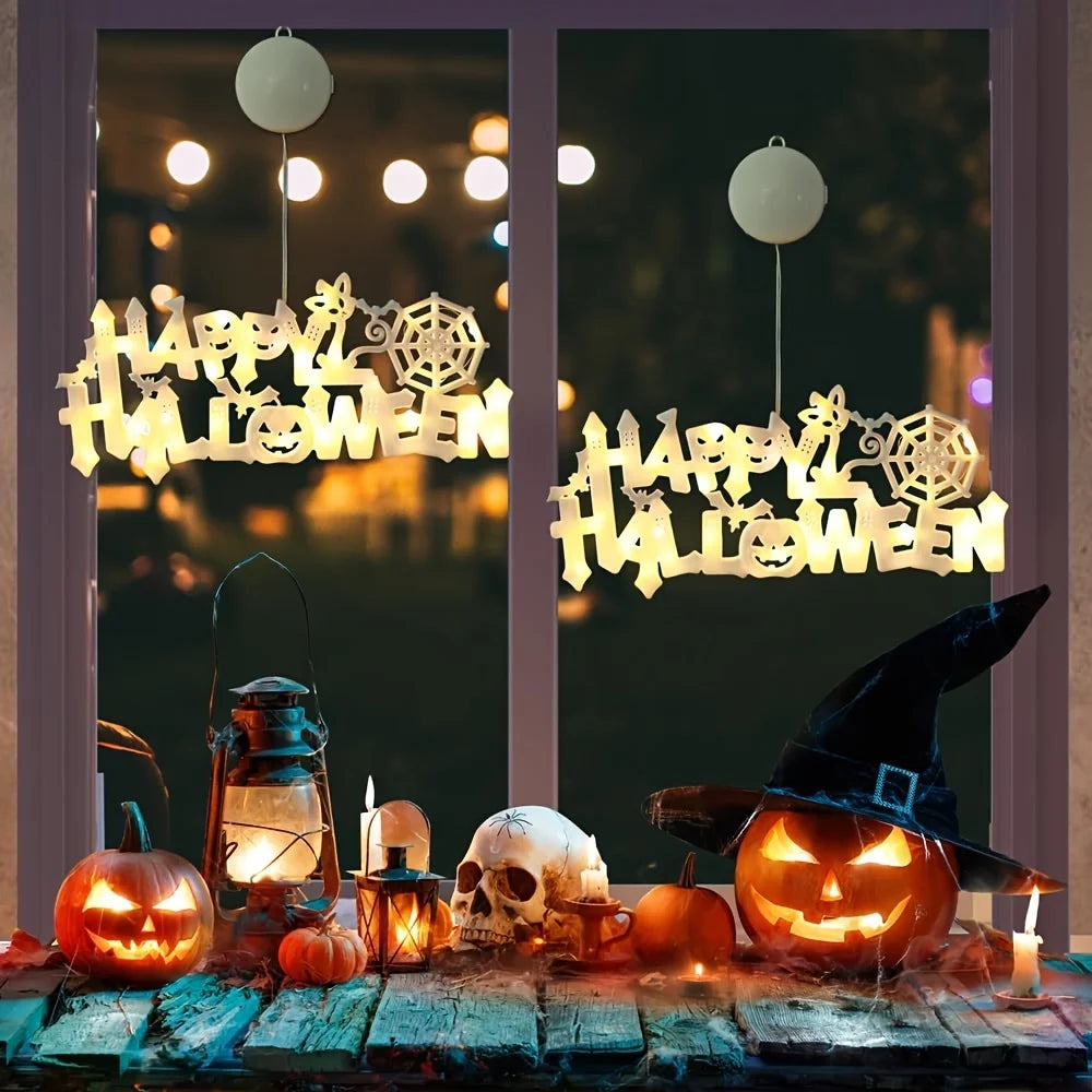 New Halloween "Happy Halloween" LED Light String - Light-Up Letter Sign | Suction Cup Decor for Doors & Windows|Battery-Operated